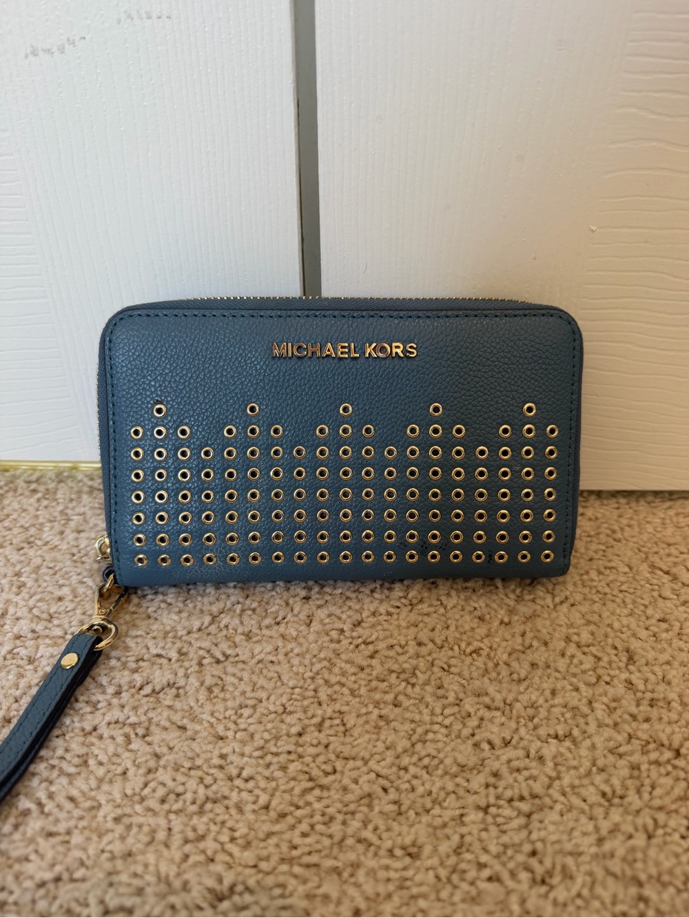 Michael Kors Jet Set Studded Leather Zip Around Wristlet Wallet - Slate Blue